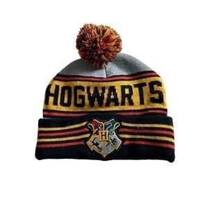 Harry Potter Hogwarts Crest Logo Pom Cuffed Stripe Knitted Beanie Hat One Size